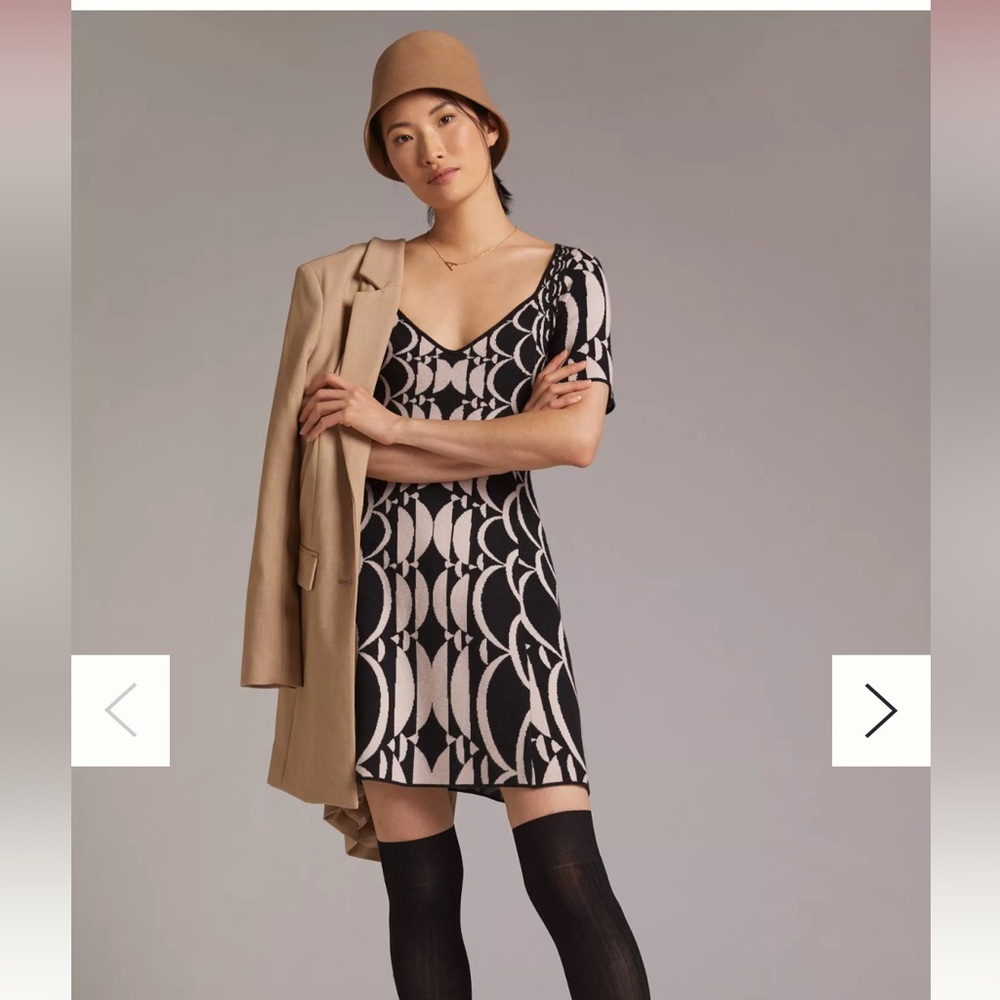ANTHROPOLOGIE Jacquard Knit Mini Dress Black White Geometric Mod Sweater Dress L